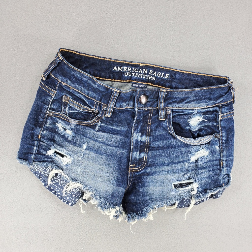 American Eagle Hi-Rise Festival Shorts Womens 2 Blue Distressed Super Stretch